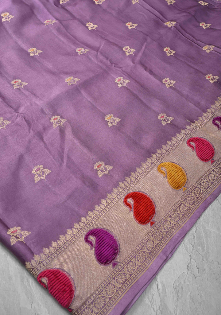 Dusty Lavender Meenakari Velvet Weaving Pure Mashru Silk Saree with Floral Zari buttas and Paisley Border |  SILK MARK CERTIFIED