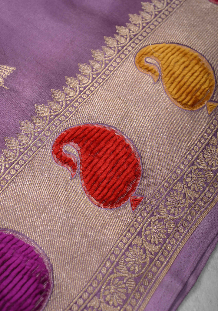 Dusty Lavender Meenakari Velvet Weaving Pure Mashru Silk Saree with Floral Zari buttas and Paisley Border |  SILK MARK CERTIFIED