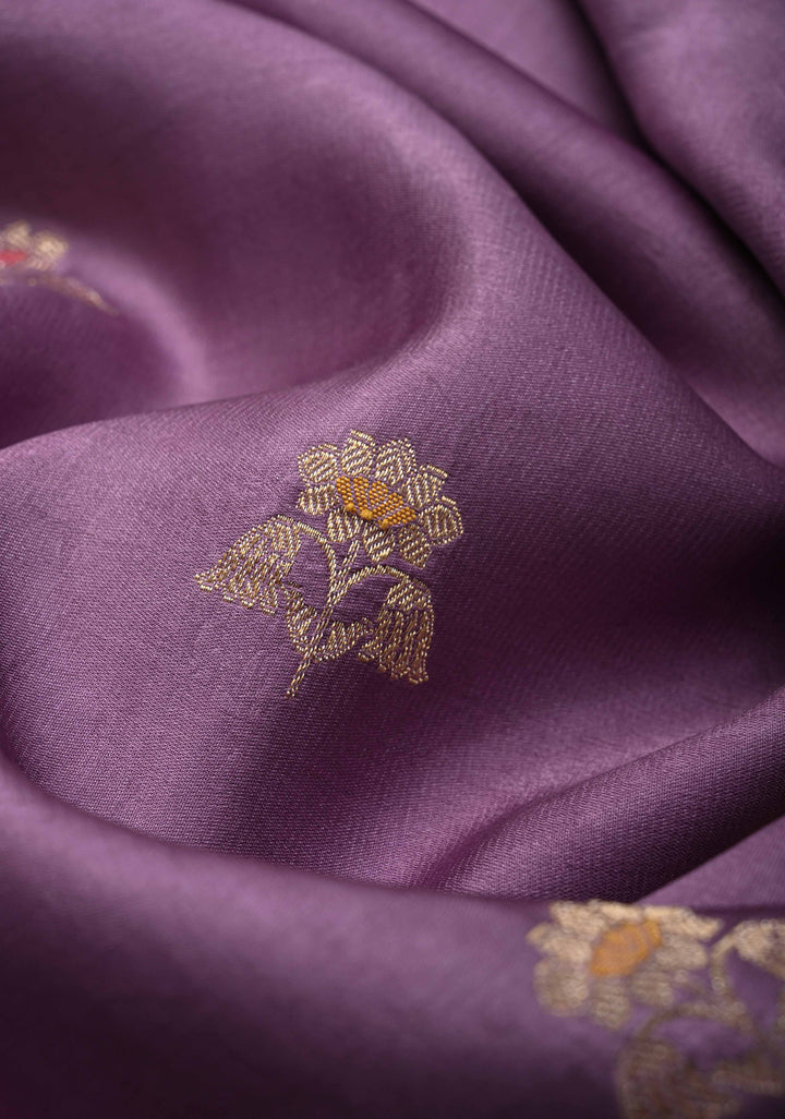 Dusty Lavender Meenakari Velvet Weaving Pure Mashru Silk Saree with Floral Zari buttas and Paisley Border |  SILK MARK CERTIFIED