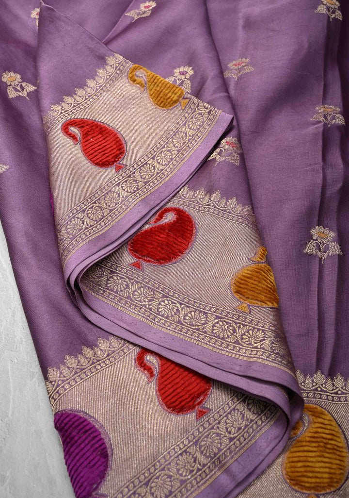 Dusty Lavender Meenakari Velvet Weaving Pure Mashru Silk Saree with Floral Zari buttas and Paisley Border |  SILK MARK CERTIFIED