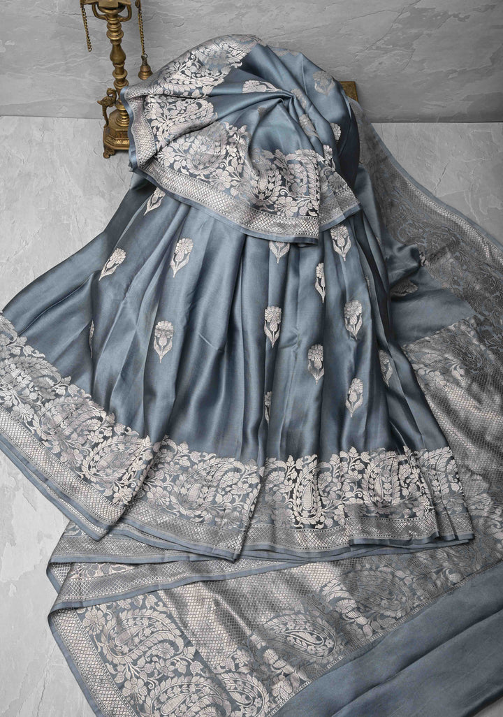Gray Mashru Silk Saree with Floral Buttas and water Zari Border |  SILK MARK CERTIFIED