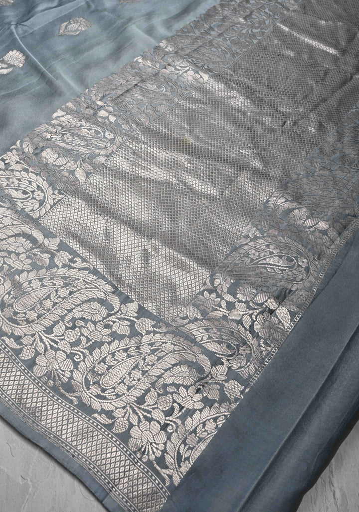 Gray Mashru Silk Saree with Floral Buttas and water Zari Border |  SILK MARK CERTIFIED