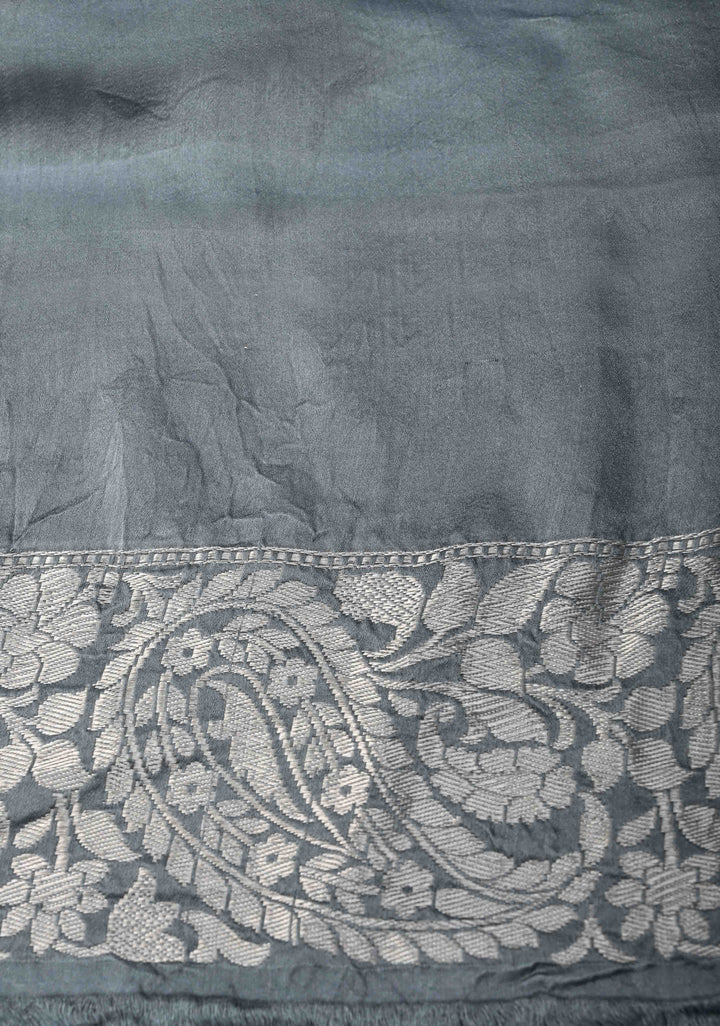 Gray Mashru Silk Saree with Floral Buttas and water Zari Border |  SILK MARK CERTIFIED