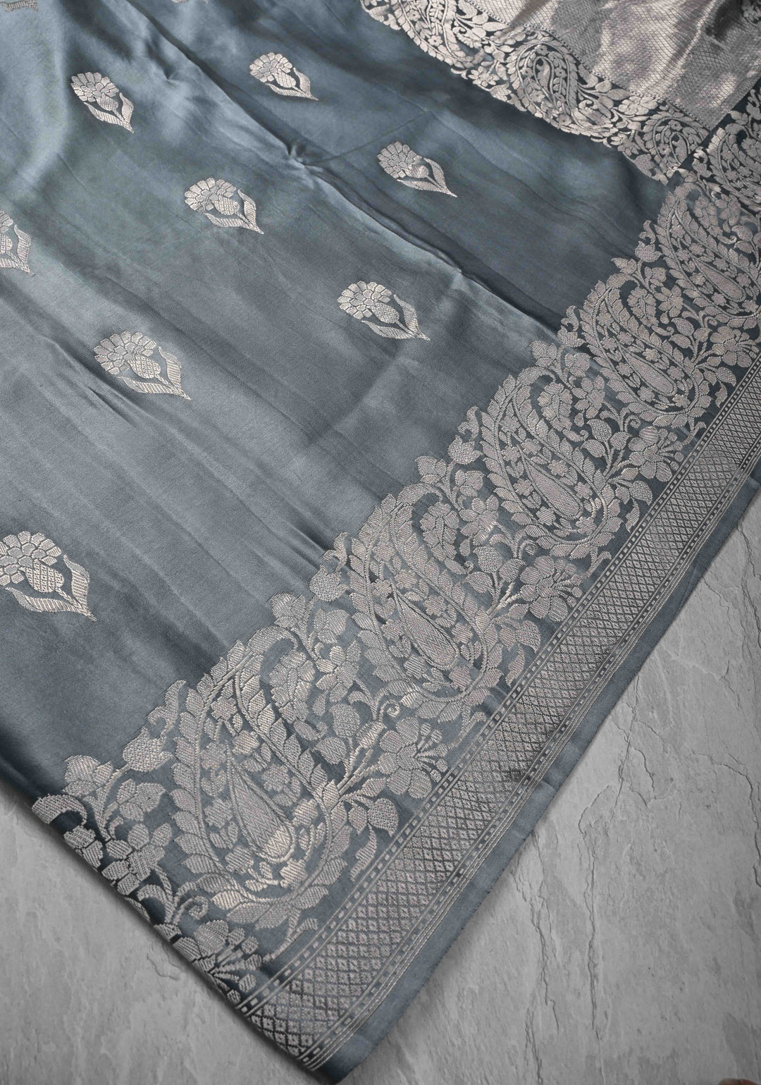 Gray Mashru Silk Saree with Floral Buttas and water Zari Border |  SILK MARK CERTIFIED