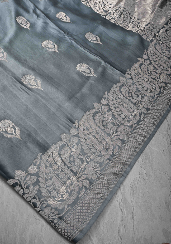 Gray Mashru Silk Saree with Floral Buttas and water Zari Border |  SILK MARK CERTIFIED