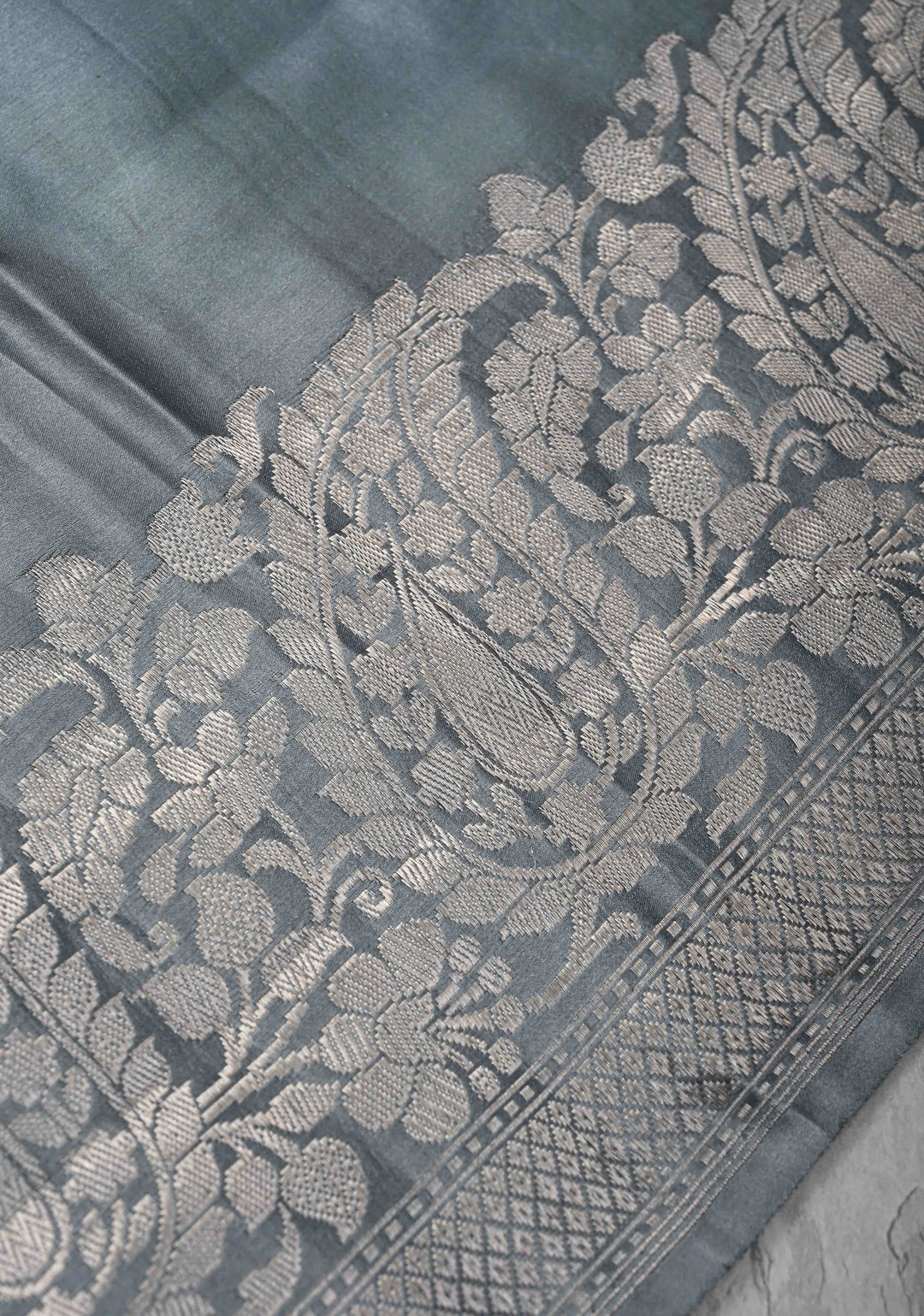 Gray Mashru Silk Saree with Floral Buttas and water Zari Border |  SILK MARK CERTIFIED