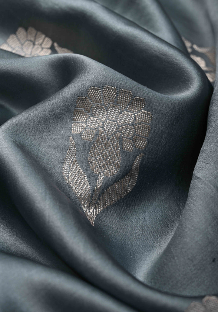Gray Mashru Silk Saree with Floral Buttas and water Zari Border |  SILK MARK CERTIFIED
