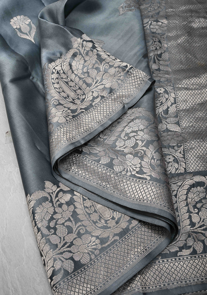 Gray Mashru Silk Saree with Floral Buttas and water Zari Border |  SILK MARK CERTIFIED