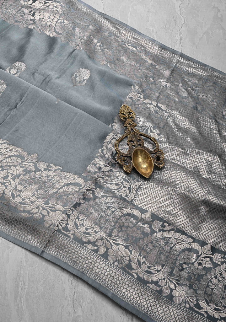 Gray Mashru Silk Saree with Floral Buttas and water Zari Border |  SILK MARK CERTIFIED