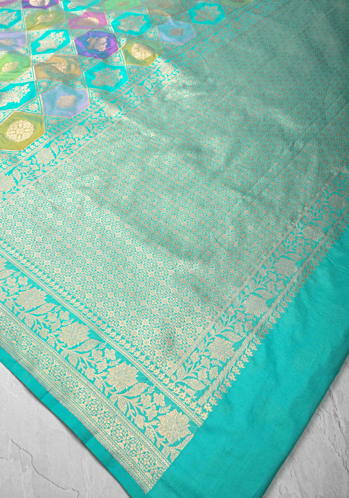 Exquisite Multicolor Rangkaat Design on Banarasi Katan Silk Saree with Geometric Brocade and Zari Border | SILK MARK CERTIFIED