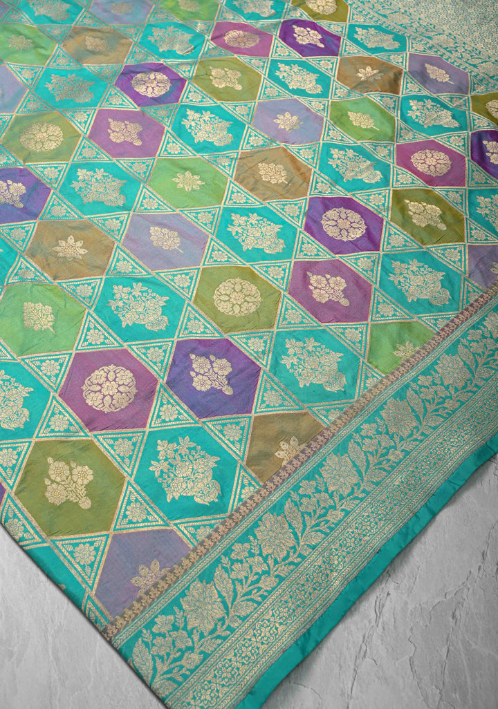 Exquisite Multicolor Rangkaat Design on Banarasi Katan Silk Saree with Geometric Brocade and Zari Border | SILK MARK CERTIFIED