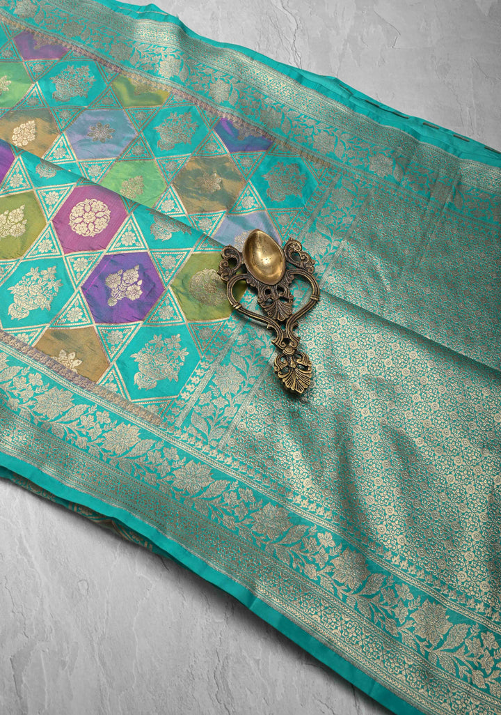Exquisite Multicolor Rangkaat Design on Banarasi Katan Silk Saree with Geometric Brocade and Zari Border | SILK MARK CERTIFIED