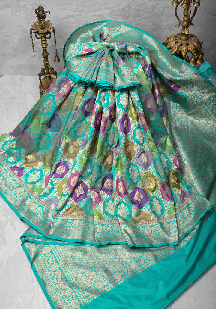 Exquisite Multicolor Rangkaat Design on Banarasi Katan Silk Saree with Geometric Brocade and Zari Border | SILK MARK CERTIFIED