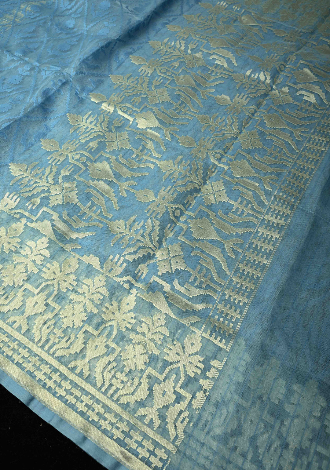 Gray Blue Handloom Banarasi Net Saree Featuring Self Embossed weave | SILK MARK CERTIFIED