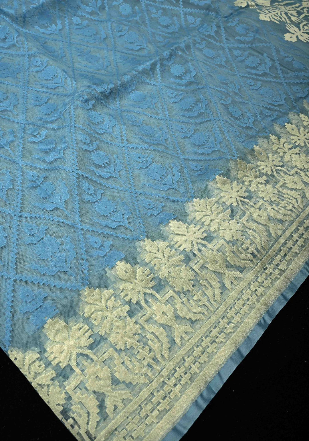 Gray Blue Handloom Banarasi Net Saree Featuring Self Embossed weave | SILK MARK CERTIFIED