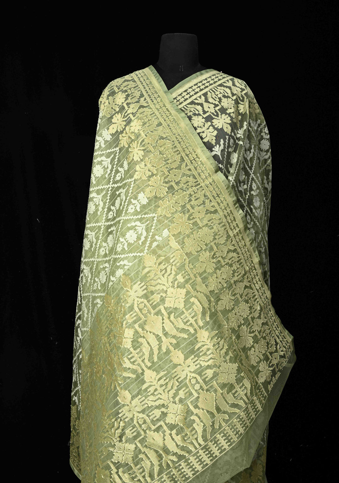 Pastel Green Handloom Banarasi Meenakari  Net Saree with Featuring Jamdani Style Embossed design | SILK MARK CERTIFIED
