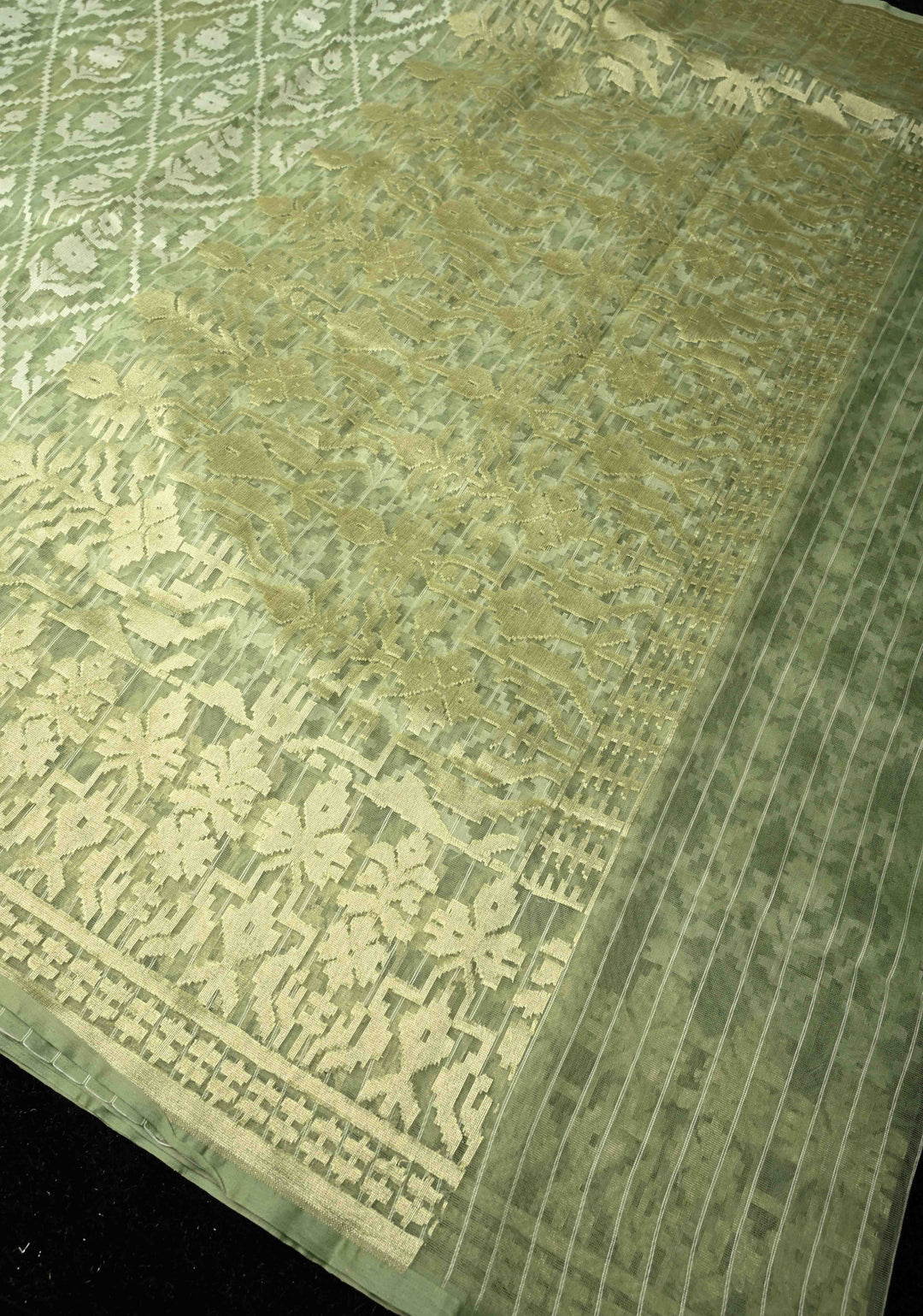 Pastel Green Handloom Banarasi Meenakari  Net Saree with Featuring Jamdani Style Embossed design | SILK MARK CERTIFIED