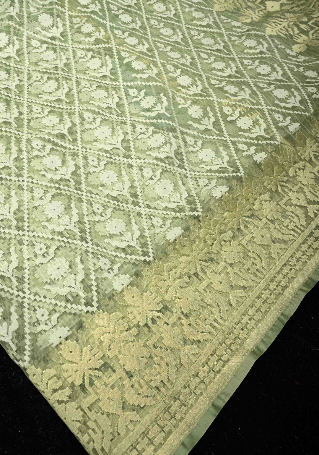 Pastel Green Handloom Banarasi Meenakari  Net Saree with Featuring Jamdani Style Embossed design | SILK MARK CERTIFIED