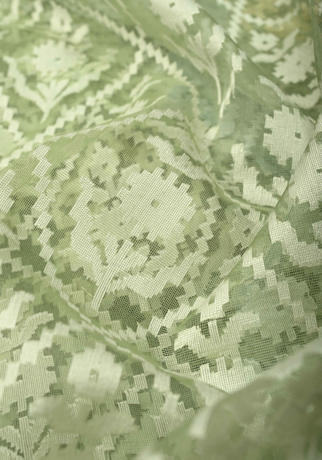 Pastel Green Handloom Banarasi Meenakari  Net Saree with Featuring Jamdani Style Embossed design | SILK MARK CERTIFIED