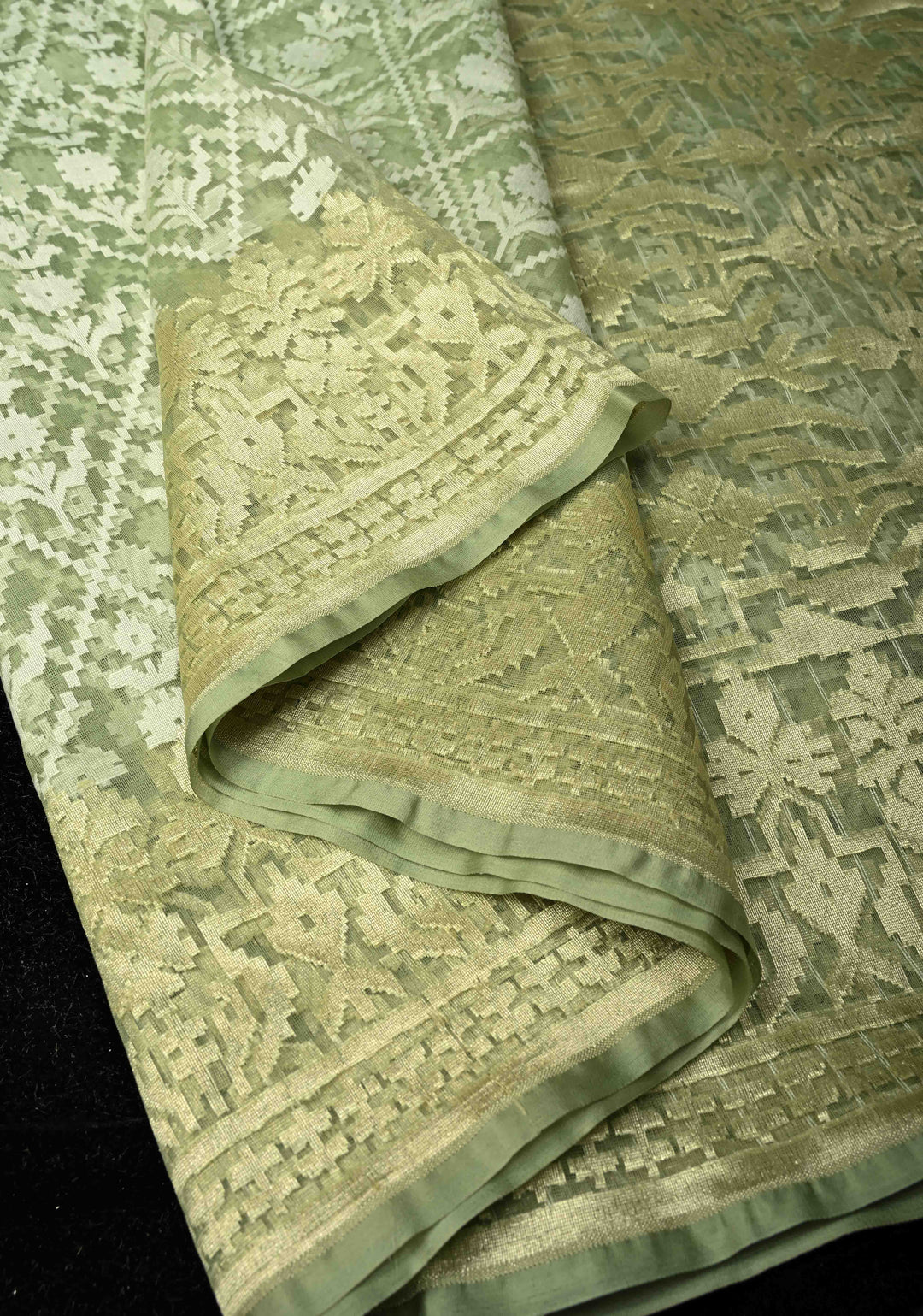 Pastel Green Handloom Banarasi Meenakari  Net Saree with Featuring Jamdani Style Embossed design | SILK MARK CERTIFIED
