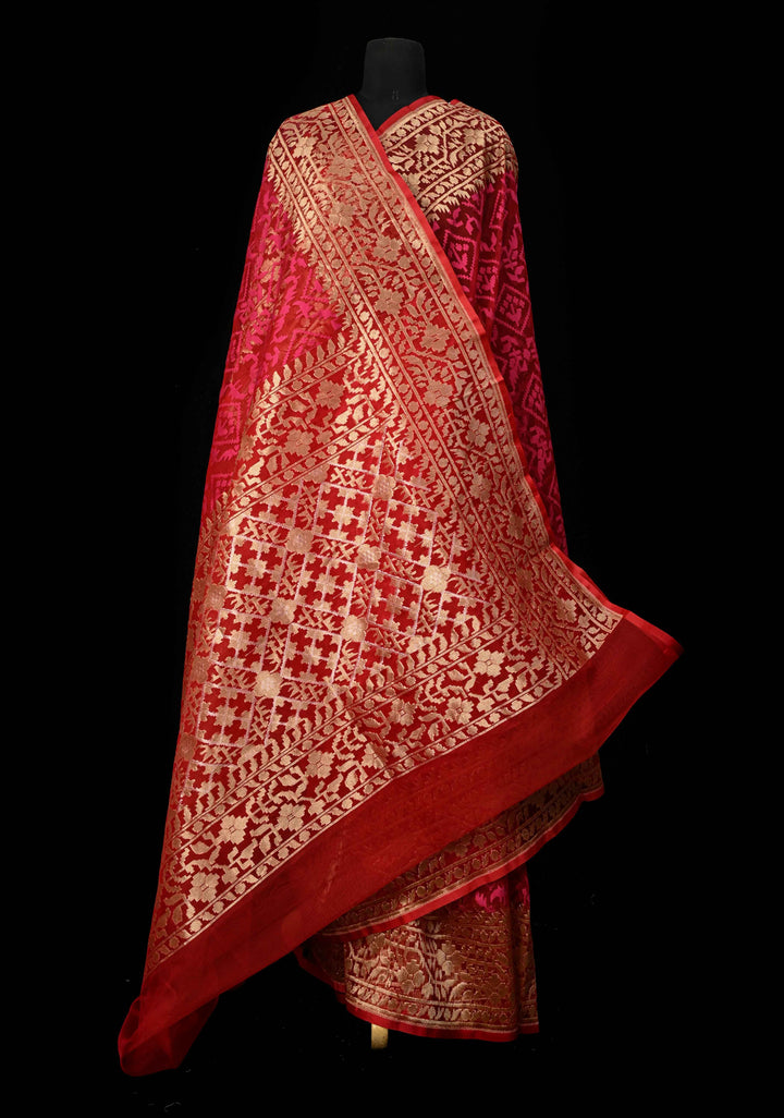 Red Pink Elegant Banarasi Handloom Net Saree in Self Weave | SILK MARK CERTIFIED