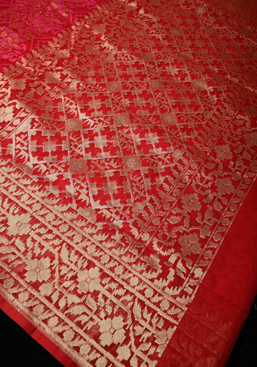 Red Pink Elegant Banarasi Handloom Net Saree in Self Weave | SILK MARK CERTIFIED