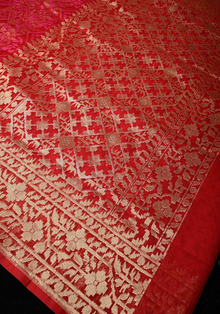 Red Pink Elegant Banarasi Handloom Net Saree in Self Weave | SILK MARK CERTIFIED