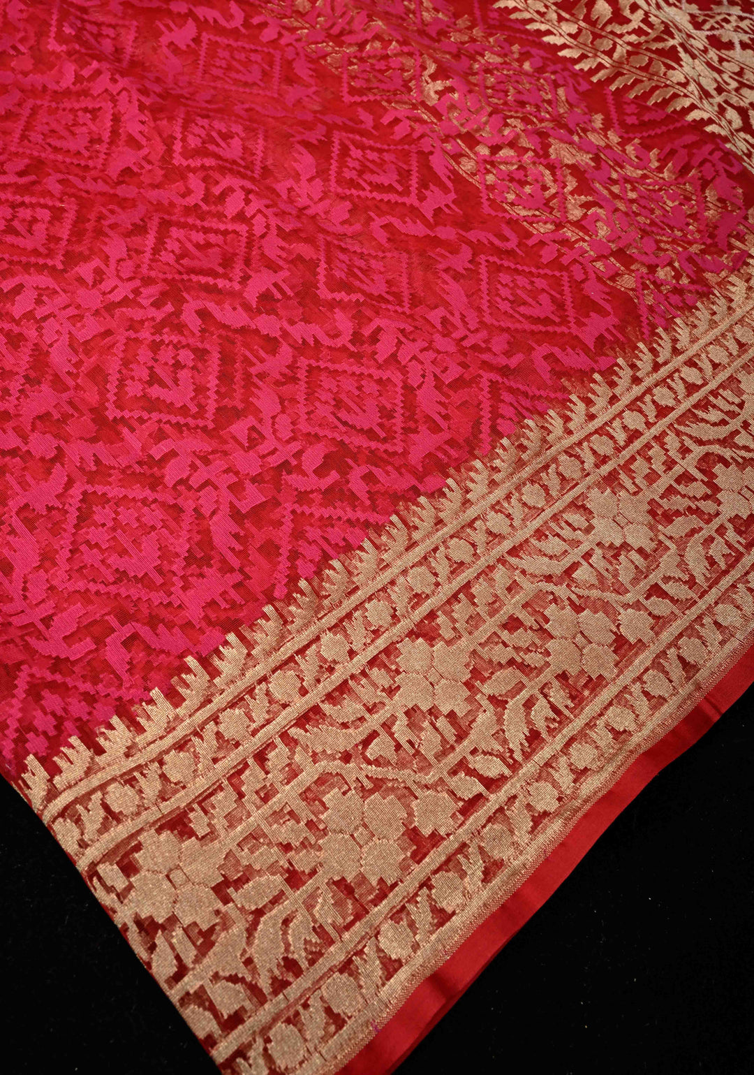 Red Pink Elegant Banarasi Handloom Net Saree in Self Weave | SILK MARK CERTIFIED