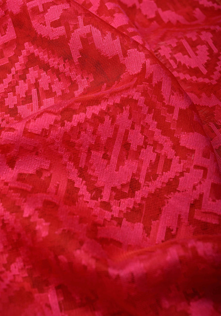 Red Pink Elegant Banarasi Handloom Net Saree in Self Weave | SILK MARK CERTIFIED