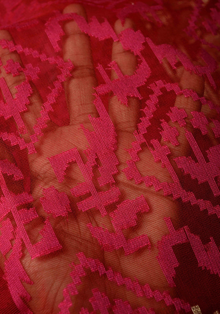 Red Pink Elegant Banarasi Handloom Net Saree in Self Weave | SILK MARK CERTIFIED