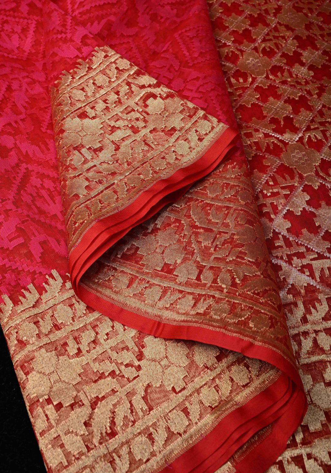 Red Pink Elegant Banarasi Handloom Net Saree in Self Weave | SILK MARK CERTIFIED