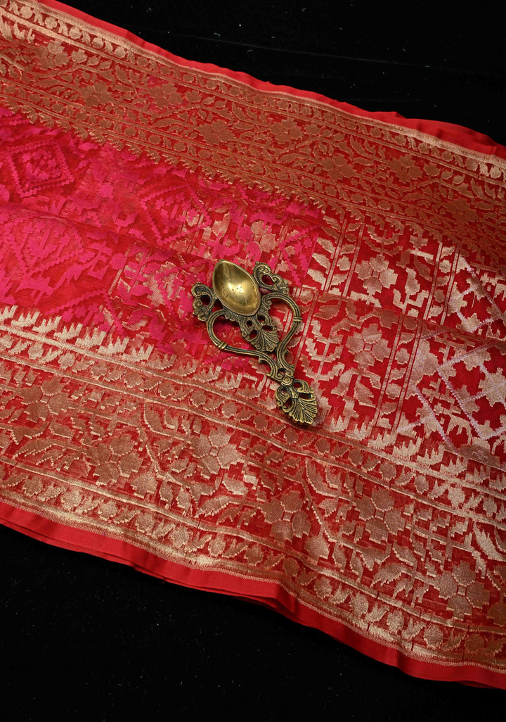 Red Pink Elegant Banarasi Handloom Net Saree in Self Weave | SILK MARK CERTIFIED