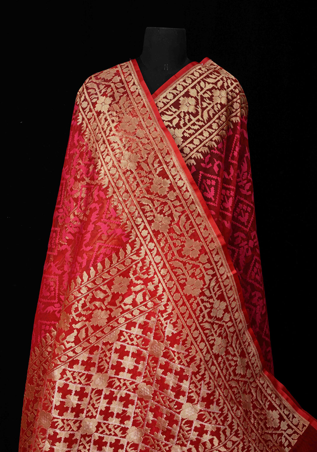 Red Pink Elegant Banarasi Handloom Net Saree in Self Weave | SILK MARK CERTIFIED