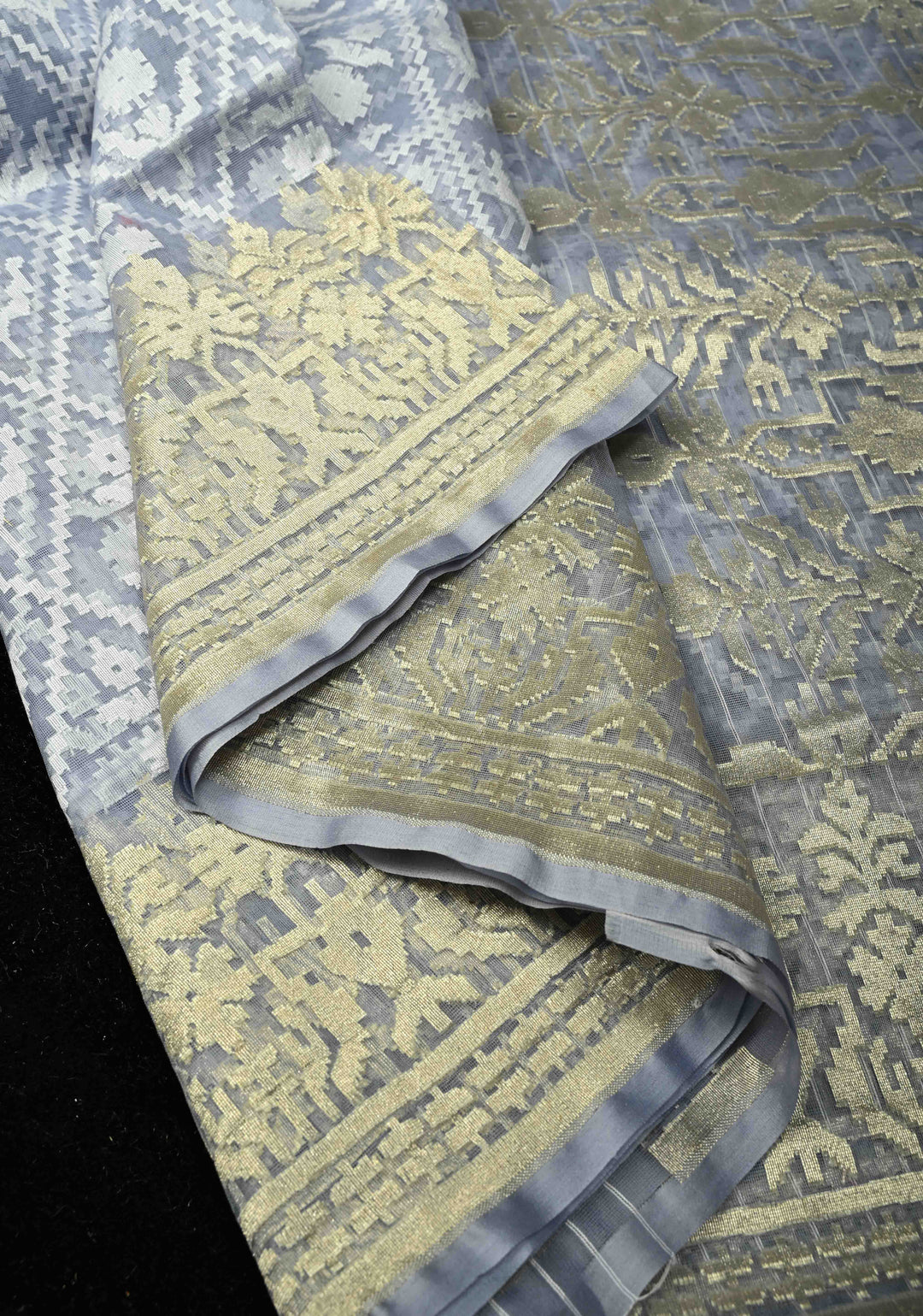 Gray Blue Handloom Banarasi Net Saree with Golden Silver Butta Design | SILK MARK CERTIFIED