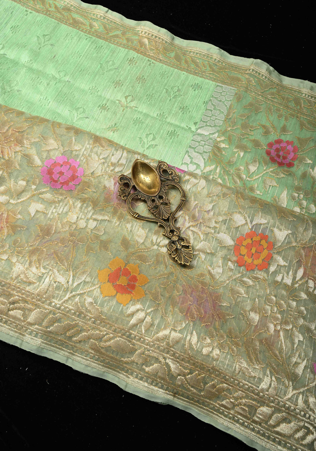 Pista Green Handloom Banarasi Meenakari Raw Silk by  Net Saree Featuring Jamdhani Inspired Design