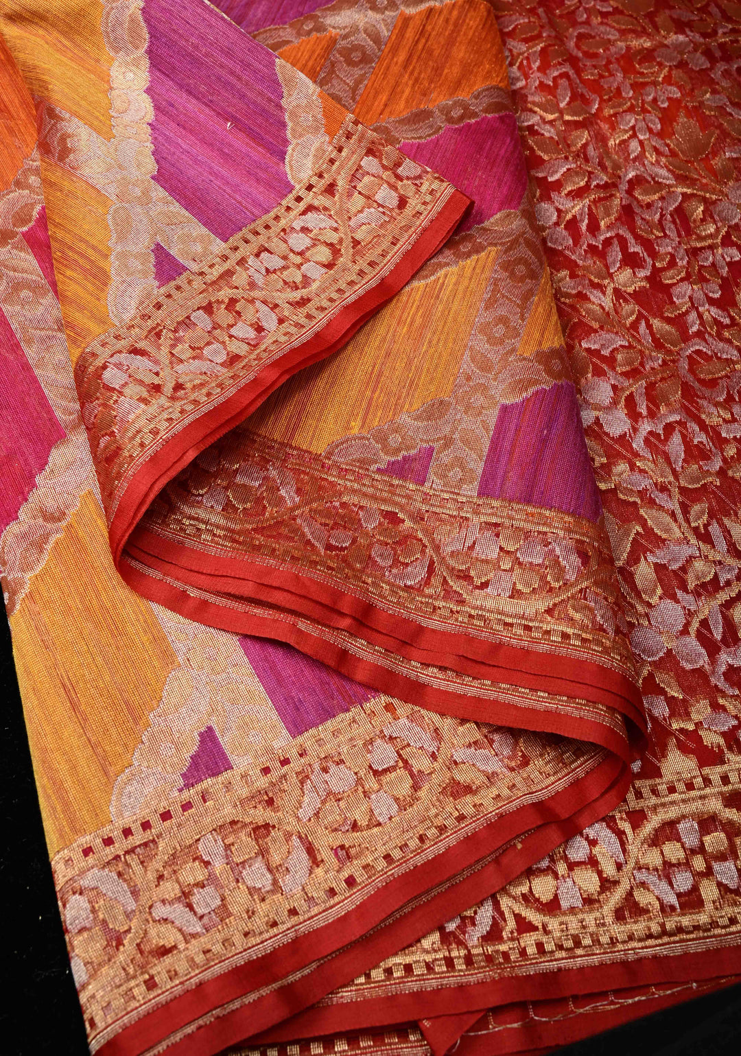 Exquisite Multicolor Rangkaat Inspired Design on Banarasi Raw Silk Net Saree with Net Border and Pallu | SILK MARK CERTIFIED