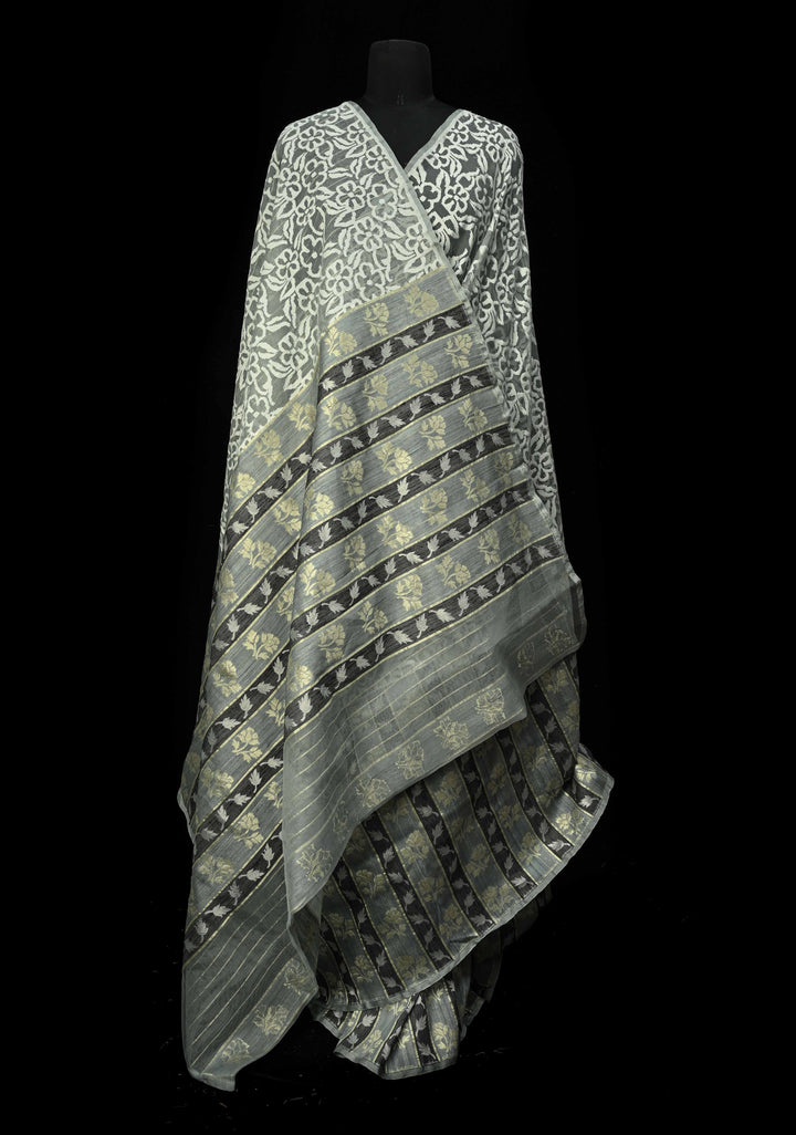 Gray Elegant Banarasi Handloom Net Saree in Jamdani Style Weave with Vertical Panel Border | SILK MARK CERTIFIED