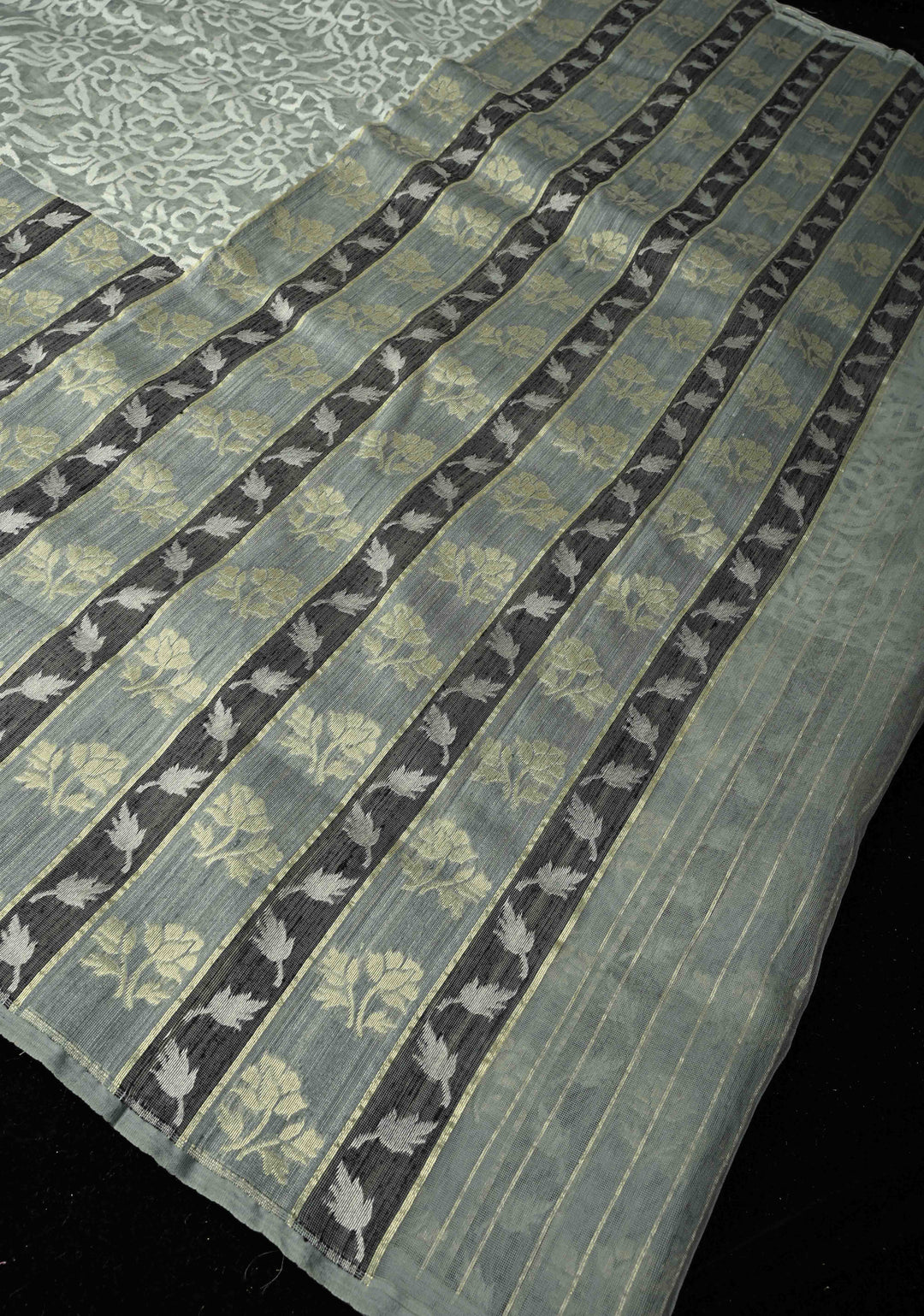 Gray Elegant Banarasi Handloom Net Saree in Jamdani Style Weave with Vertical Panel Border | SILK MARK CERTIFIED