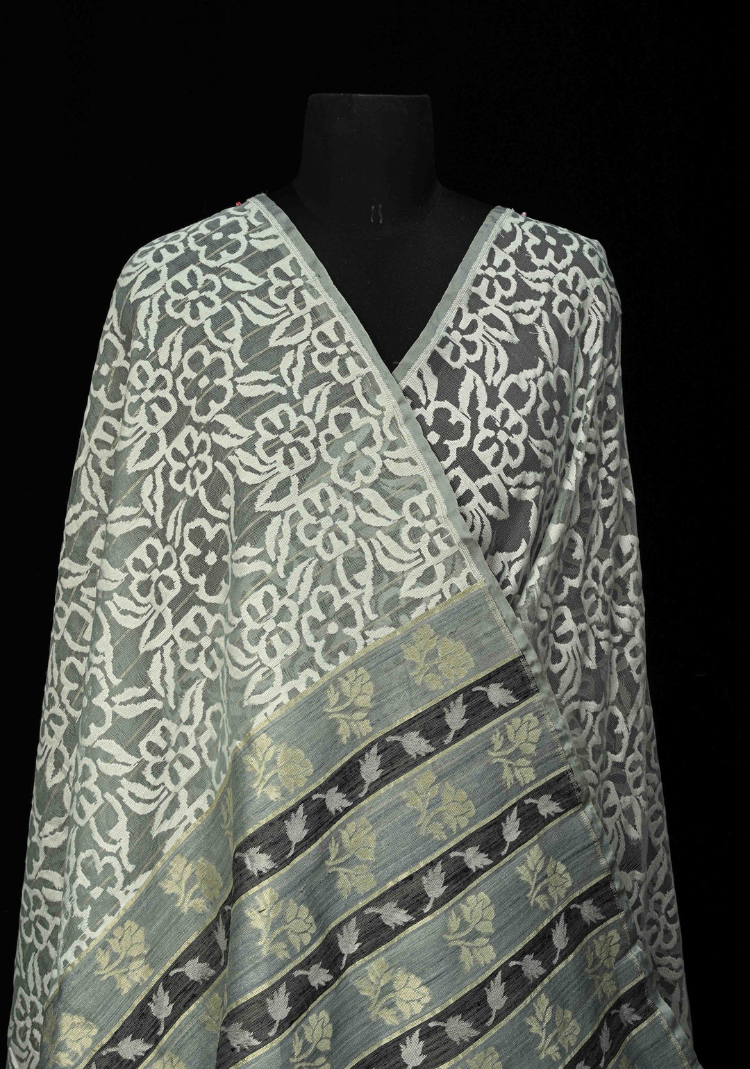 Gray Elegant Banarasi Handloom Net Saree in Jamdani Style Weave with Vertical Panel Border | SILK MARK CERTIFIED