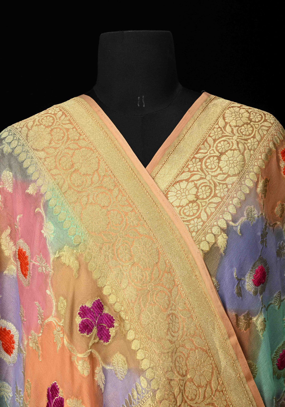 Multicolor Rangkaat brush Dye Design Banarasi Georgette Silk Saree with Velvet Floral Jaal Embossed oattern with Zari Border| SILK MARK CERTIFIED | SHOBITAM