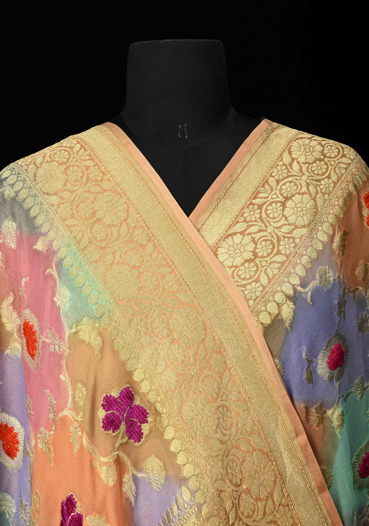 Multicolor Rangkaat brush Dye Design Banarasi Georgette Silk Saree with Velvet Floral Jaal Embossed oattern with Zari Border| SILK MARK CERTIFIED | SHOBITAM