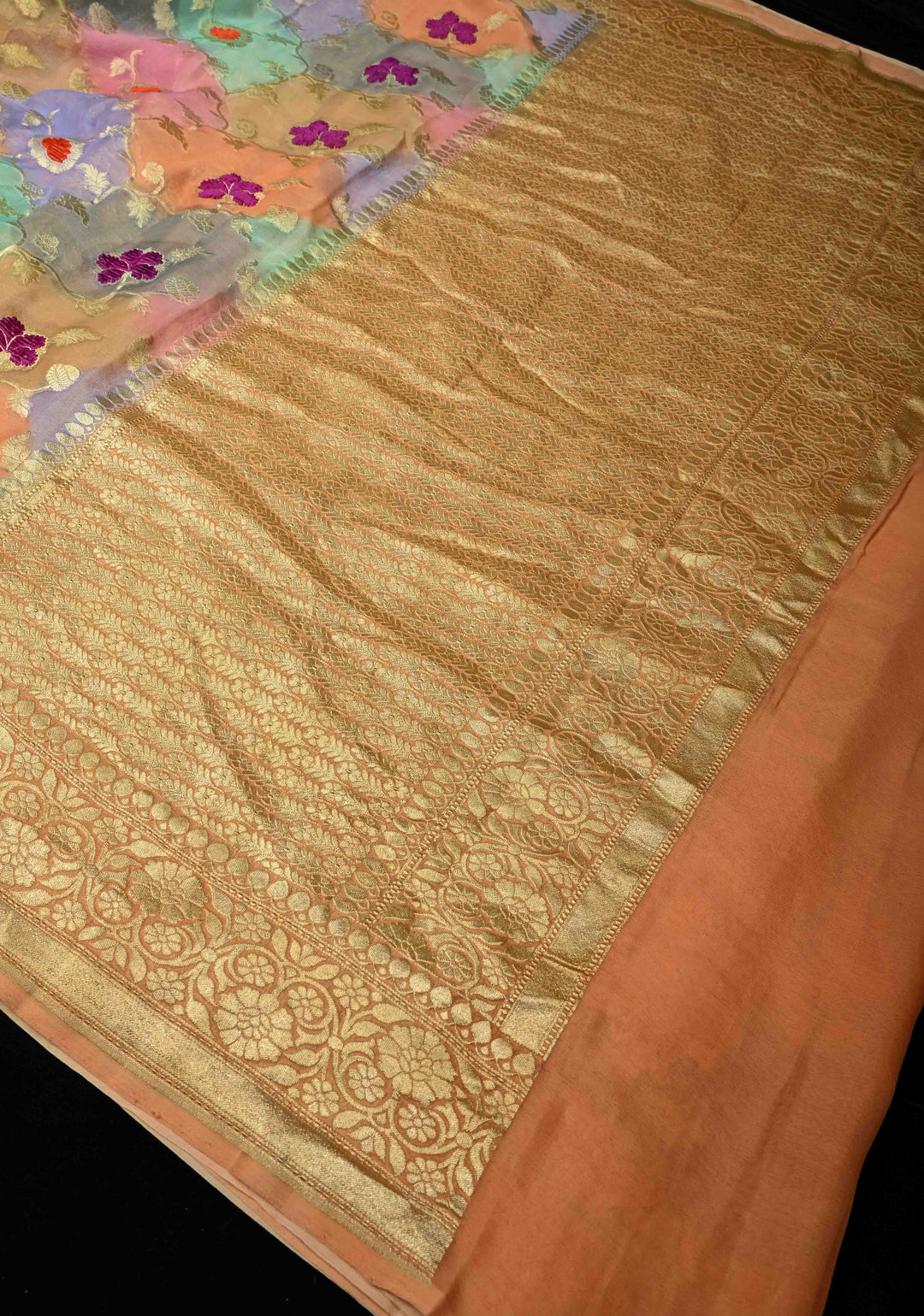 Multicolor Rangkaat brush Dye Design Banarasi Georgette Silk Saree with Velvet Floral Jaal Embossed oattern with Zari Border| SILK MARK CERTIFIED | SHOBITAM