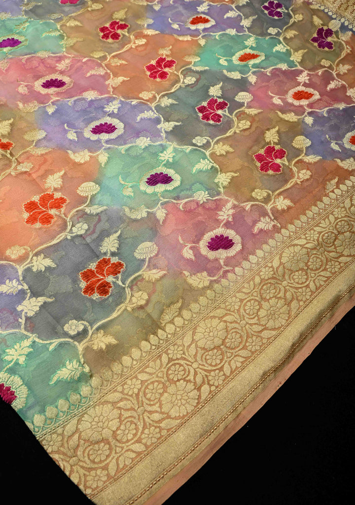 Multicolor Rangkaat brush Dye Design Banarasi Georgette Silk Saree with Velvet Floral Jaal Embossed oattern with Zari Border| SILK MARK CERTIFIED | SHOBITAM