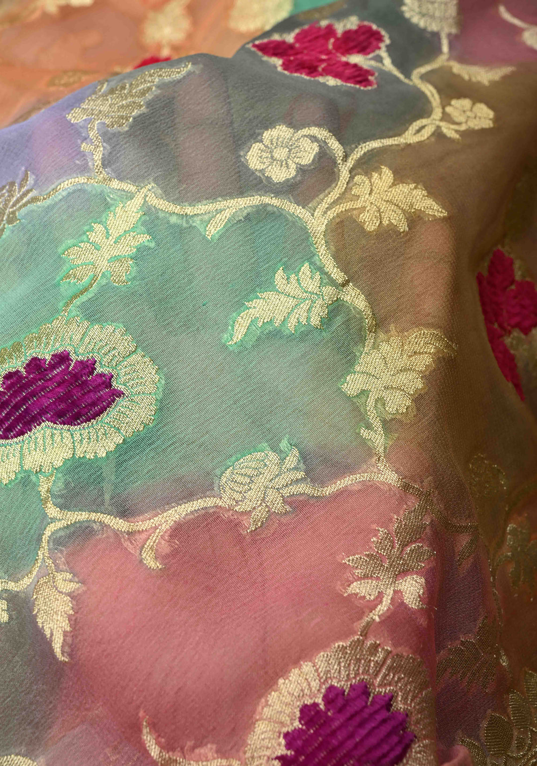 Multicolor Rangkaat brush Dye Design Banarasi Georgette Silk Saree with Velvet Floral Jaal Embossed oattern with Zari Border| SILK MARK CERTIFIED | SHOBITAM