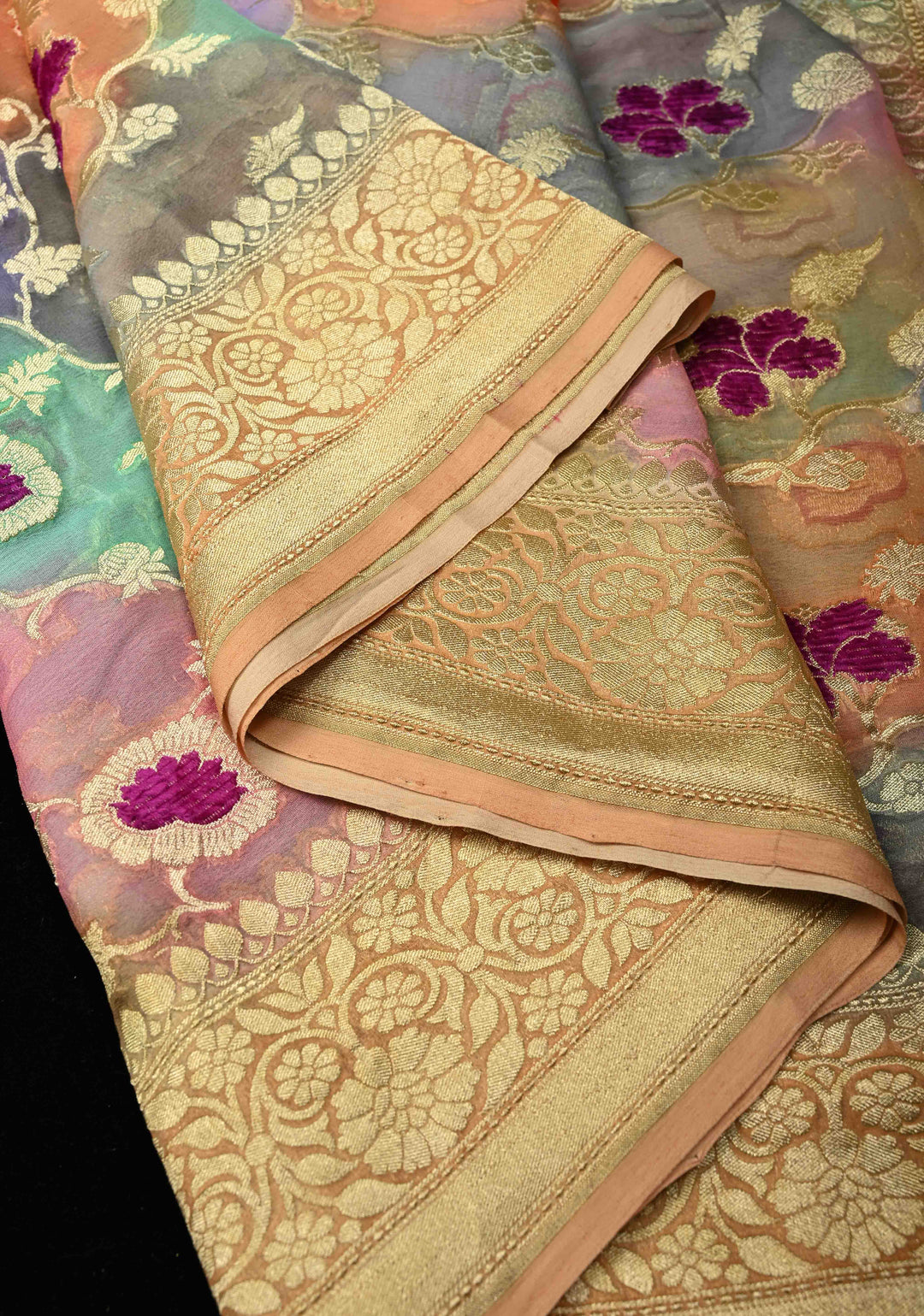Multicolor Rangkaat brush Dye Design Banarasi Georgette Silk Saree with Velvet Floral Jaal Embossed oattern with Zari Border| SILK MARK CERTIFIED | SHOBITAM