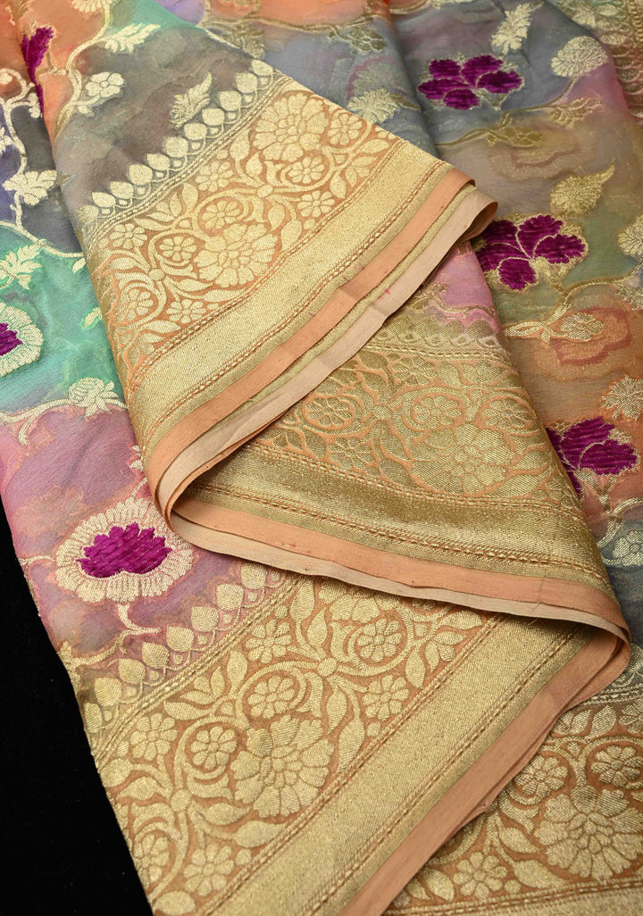 Multicolor Rangkaat brush Dye Design Banarasi Georgette Silk Saree with Velvet Floral Jaal Embossed oattern with Zari Border| SILK MARK CERTIFIED | SHOBITAM