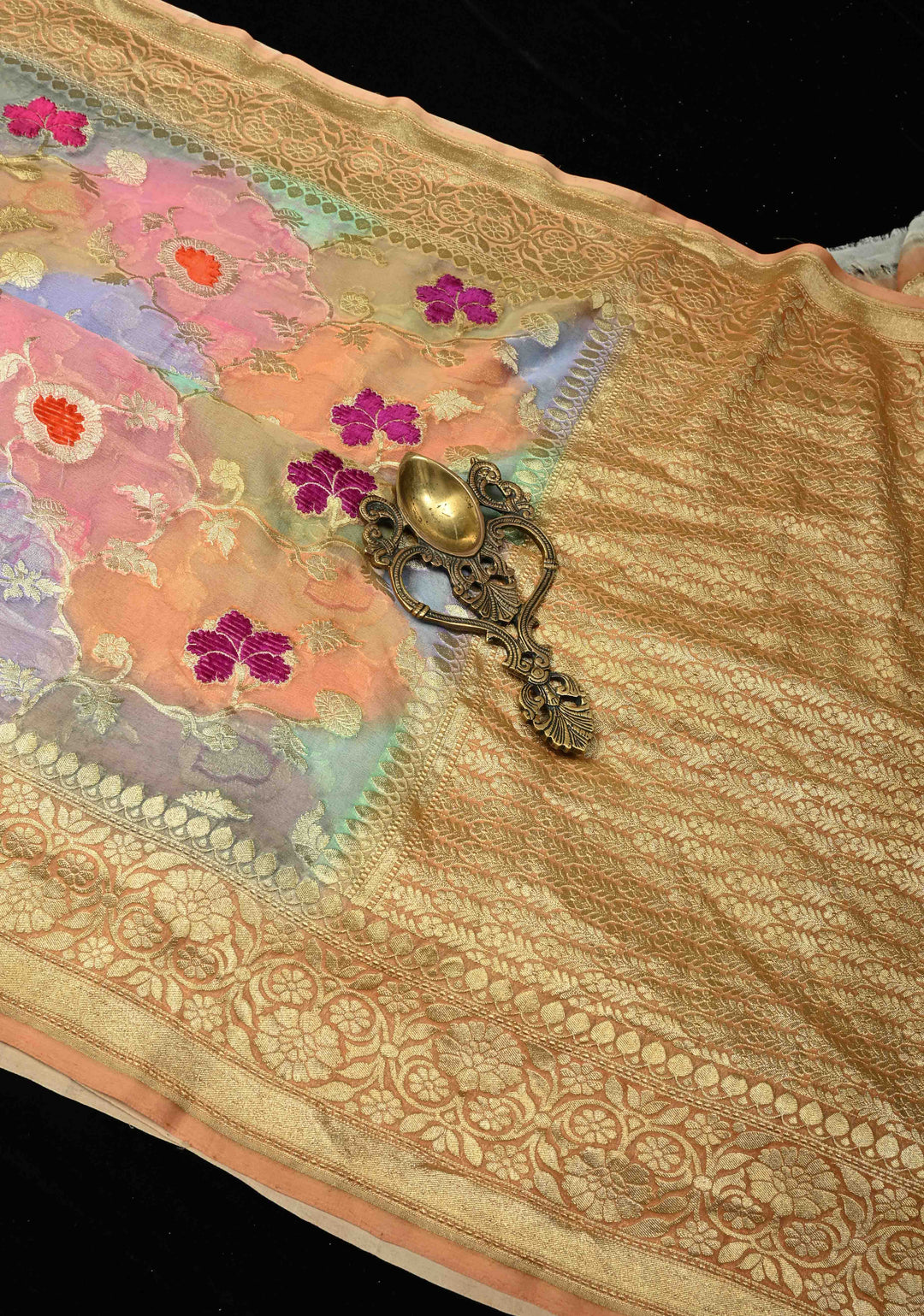 Multicolor Rangkaat brush Dye Design Banarasi Georgette Silk Saree with Velvet Floral Jaal Embossed oattern with Zari Border| SILK MARK CERTIFIED | SHOBITAM