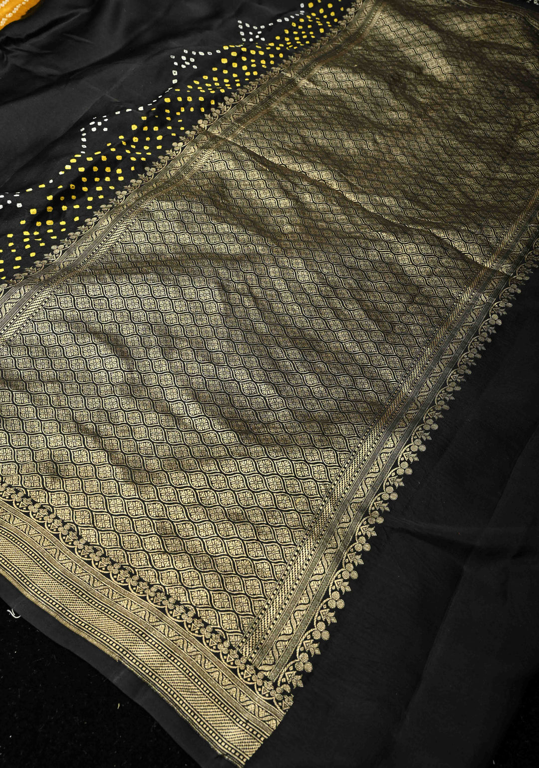 Black Banarasi Mashru Silk Saree with Bandhni Mandala Design and Zari Scallop Bandhni Border |  SILK MARK CERTIFIED