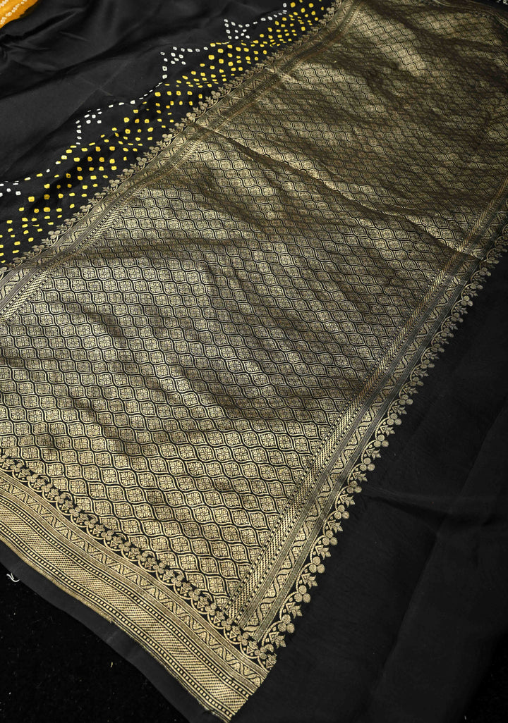 Black Banarasi Mashru Silk Saree with Bandhni Mandala Design and Zari Scallop Bandhni Border |  SILK MARK CERTIFIED