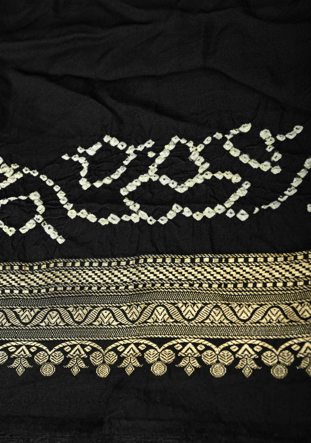 Black Banarasi Mashru Silk Saree with Bandhni Mandala Design and Zari Scallop Bandhni Border |  SILK MARK CERTIFIED